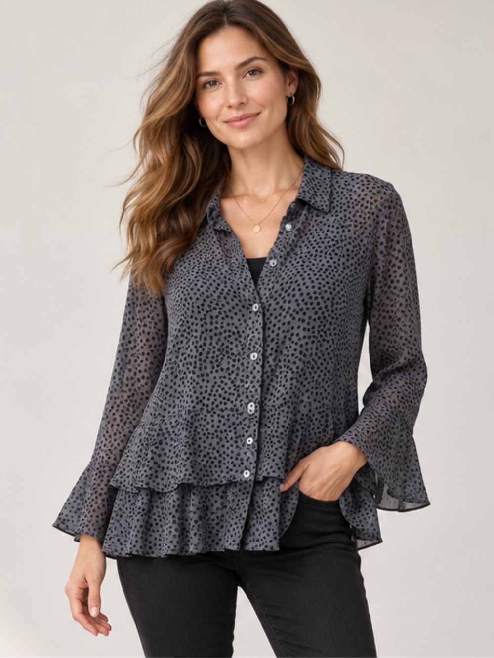 Habitat Clothes to Live In Size M Gray Black Polka Dot Ruffle Button Up Blouse
